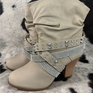 Chic Studded Beige Heeled Boots